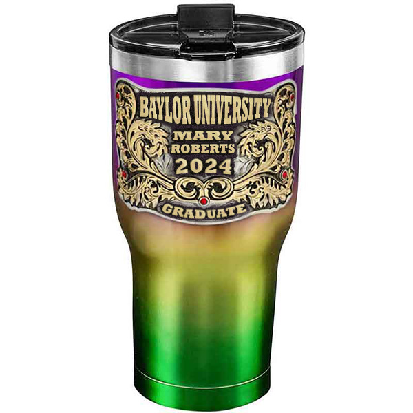 A customized tumbler made of stainless steel with a personalized engraved name and Baylor University lettering, 30 oz, ideal for coffee or cool drinks